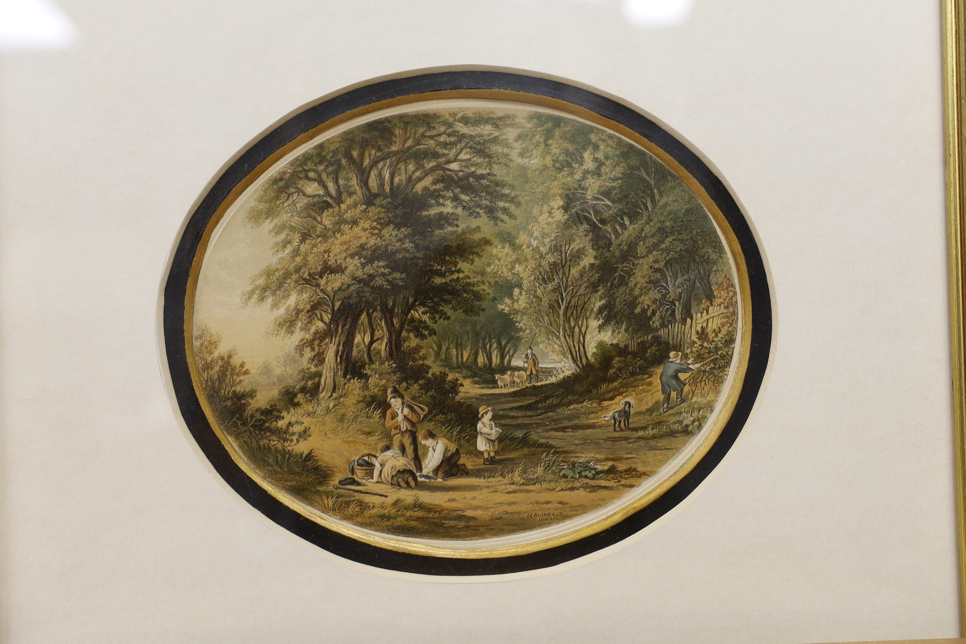 A group of assorted colour prints including shooting and coaching scenes, a Morden map of East Riding, Yorkshire, a reprint road map and eight oval prints after Baxter